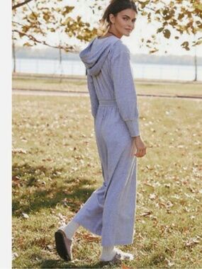 NWT Anthropologie Gray Velour Hooded Wide-Leg Cotton-blend Jumpsuit, Medium